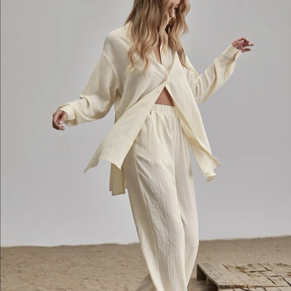 Shirt Pants 2 PC SET wide leg loose button collar spring summer womens cream - Picture 5 of 13